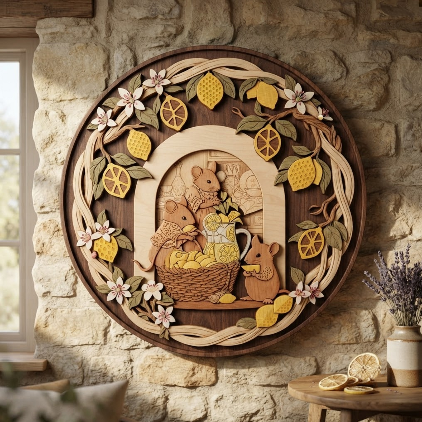 Mice Making Lemonade 3 Layer Wooden Wall Sign, Round Layered Wood Art, Cozy Kitchen Decor, Handcrafted Gift, Gloria Ink Shop