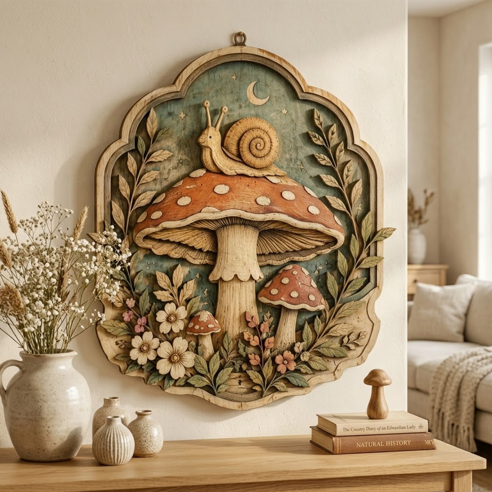 Layered Snail Mushroom Wall Decor, Cottagecore Woodland Art, Rustic Botanical Nature Sign, Farmhouse Home Decor Gift, Wooden Sign