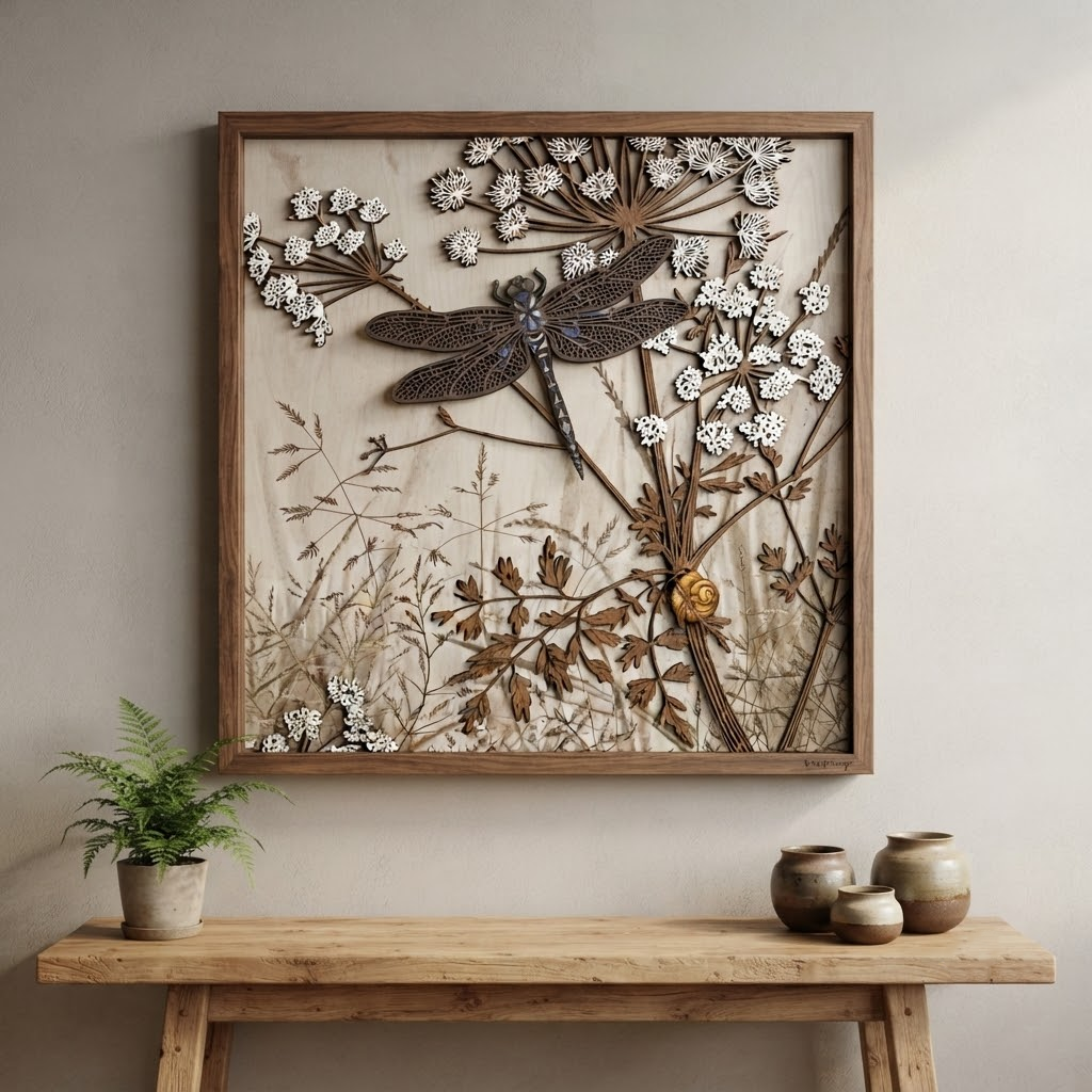 Dragonfly Wooden Sign, 3 Layer Botanical Wall Decor, Wildflower Nature Wall Art, Rustic Farmhouse Wooden Wall Hanging