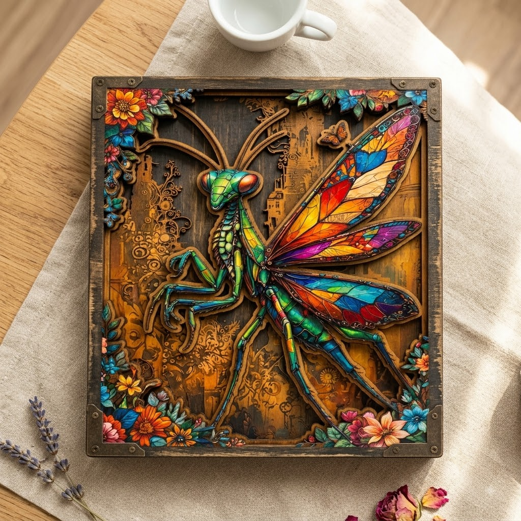 Mantis Insects Art Wooden Sign 3 Layer For Home Decor Gift