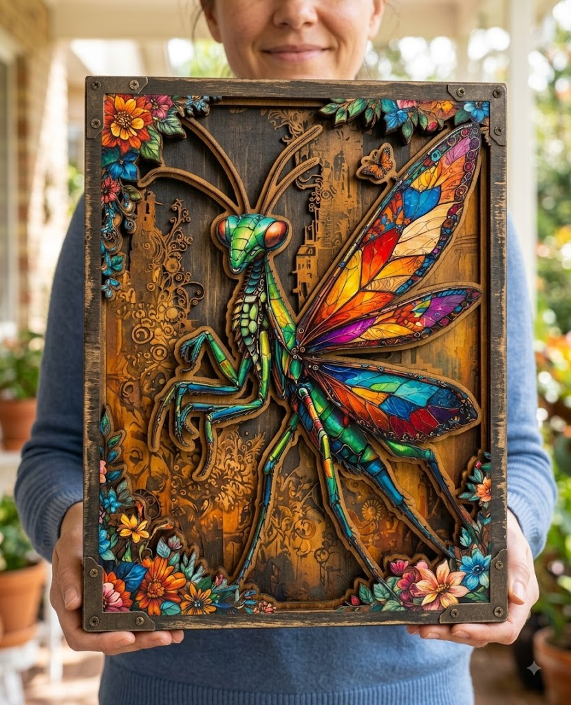Mantis Insects Art Wooden Sign 3 Layer For Home Decor Gift