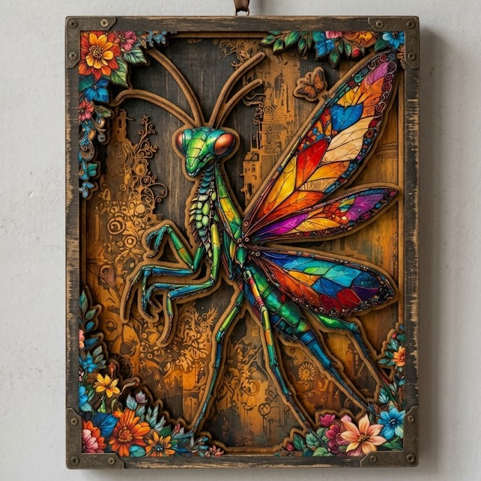 Mantis Insects Art Wooden Sign 3 Layer For Home Decor Gift