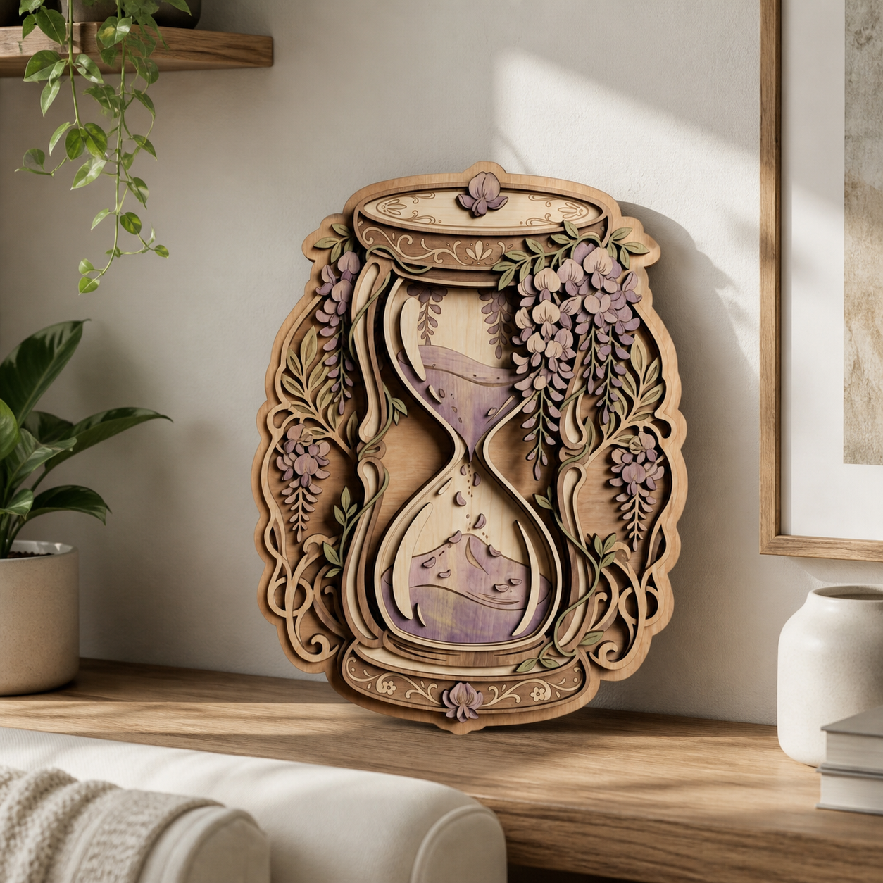 Lavender Wooden Sign, Hourglass Wood Decor, Wisteria Rustic Wall Art