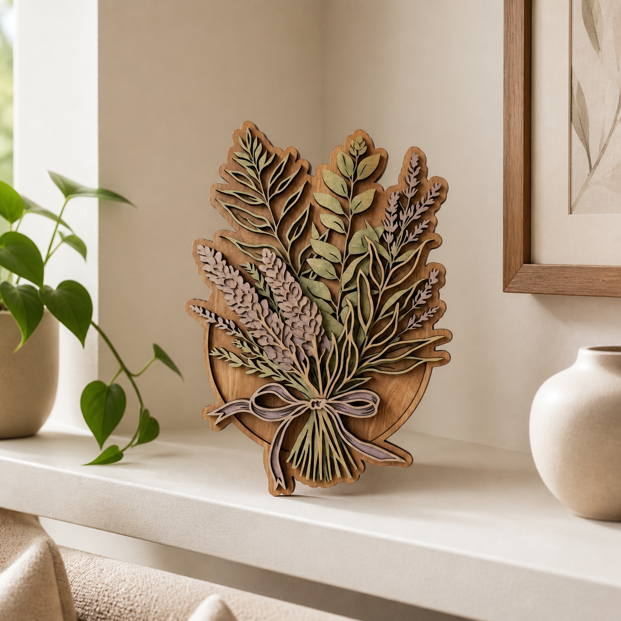 Lavender Wooden Sign, Rustic Floral Art, Eucalyptus Bouquet Wood Decor
