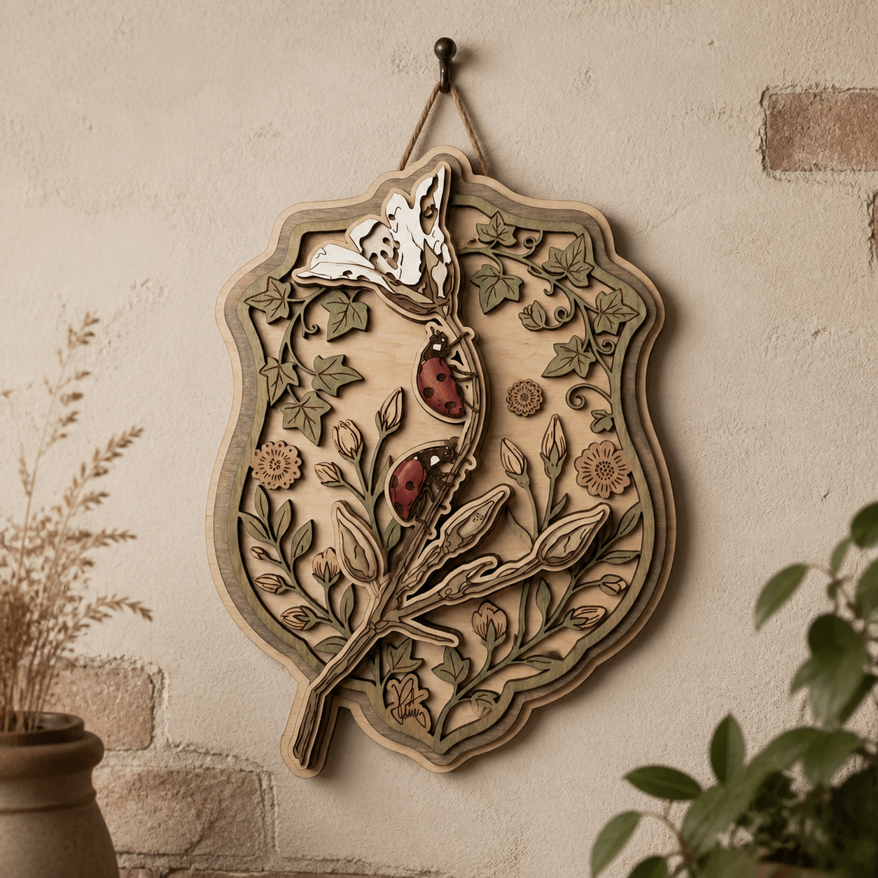 Lady Bug Wooden Sign Flower Botanical Insect Rustic Wall Art