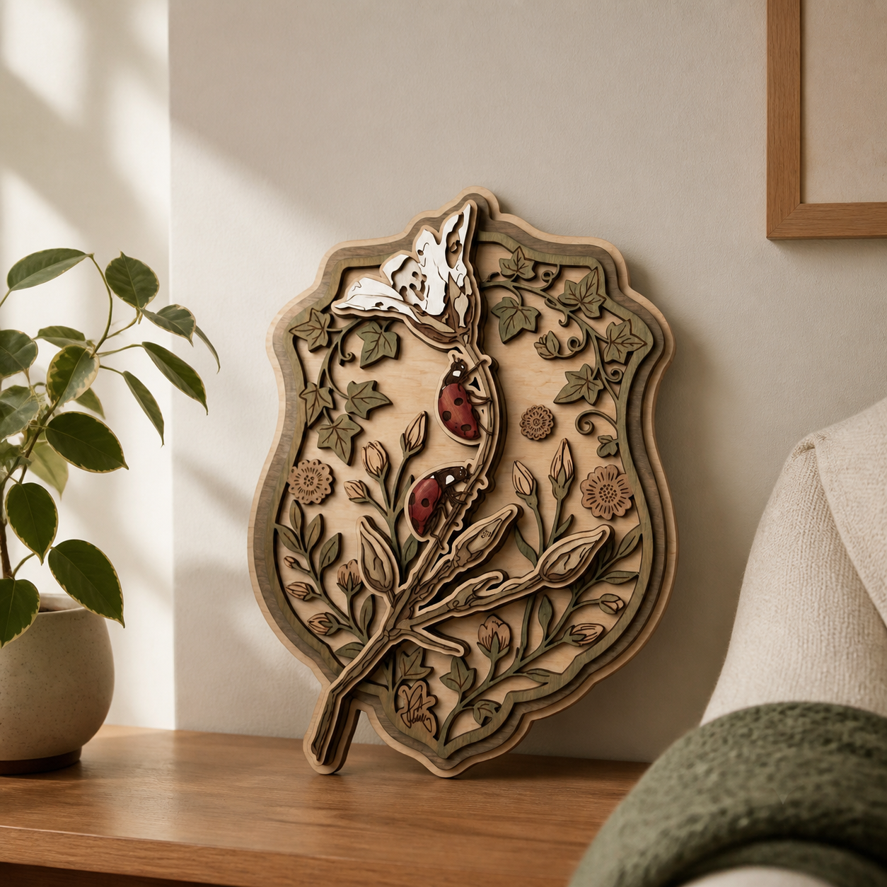 Lady Bug Wooden Sign Flower Botanical Insect Rustic Wall Art