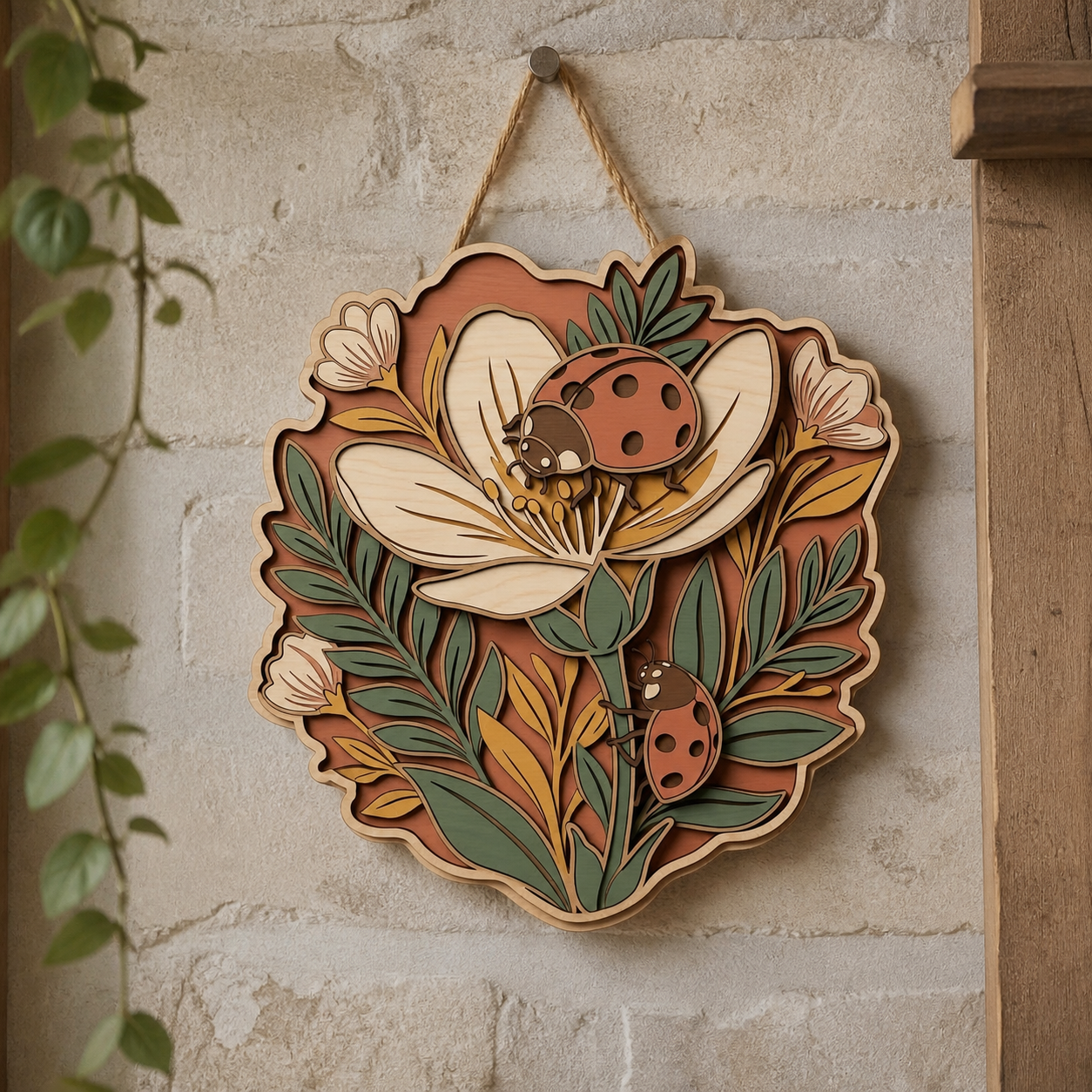Lady Bug Wooden Sign, Flower Botanical Insect Rustic Wall Art Decor