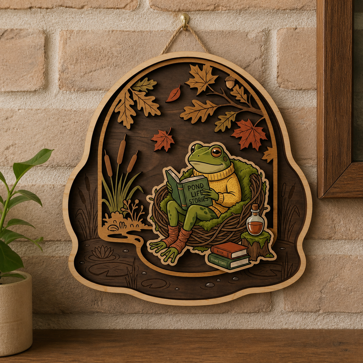 Frog Reading Book Wooden Sign Rustic Wall Art Book Lover Gift Autumn Home Decor