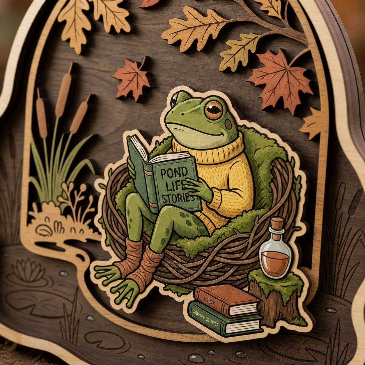 Frog Reading Book Wooden Sign Rustic Wall Art Book Lover Gift Autumn Home Decor