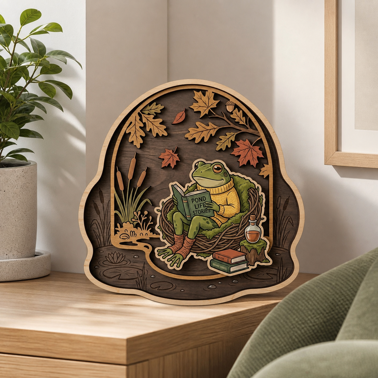 Frog Reading Book Wooden Sign Rustic Wall Art Book Lover Gift Autumn Home Decor