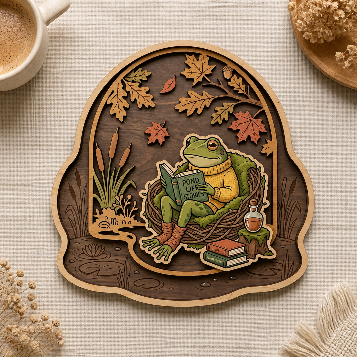 Frog Reading Book Wooden Sign Rustic Wall Art Book Lover Gift Autumn Home Decor