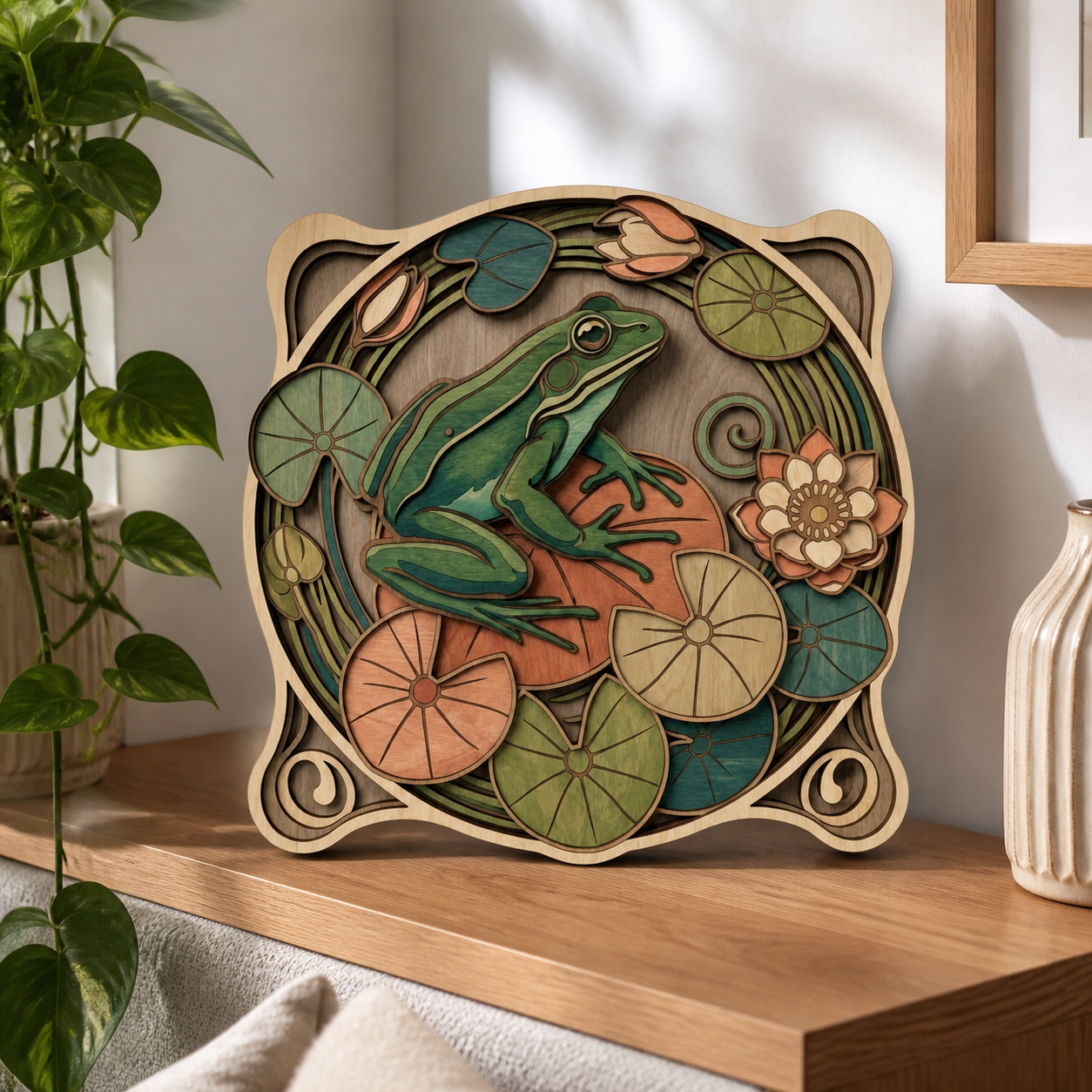 Frog Art Wooden Sign, Lily Pad Pond Lotus Woodland Decor