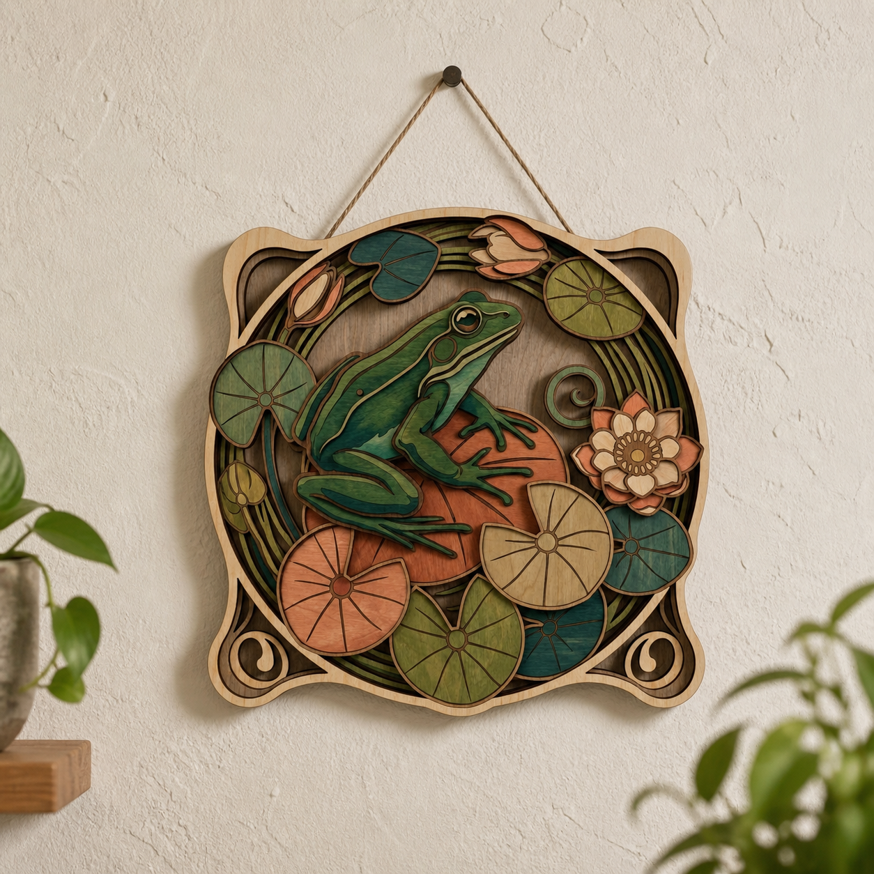 Frog Art Wooden Sign, Lily Pad Pond Lotus Woodland Decor
