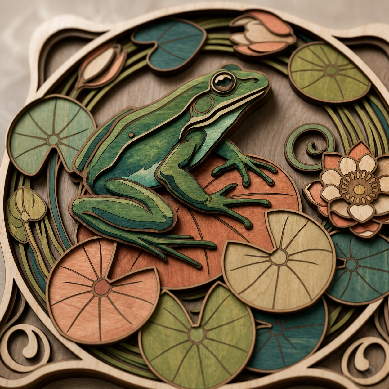 Frog Art Wooden Sign, Lily Pad Pond Lotus Woodland Decor