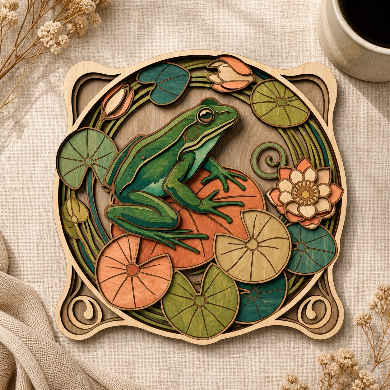 Frog Art Wooden Sign, Lily Pad Pond Lotus Woodland Decor
