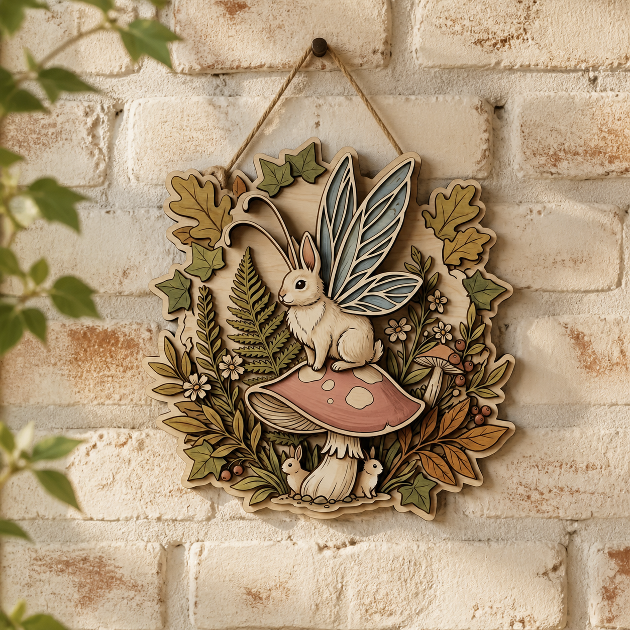 Fairy Bunny Mushroom Wood Sign, Rustic Woodland Rabbit Wall Art, Whimsical Decor