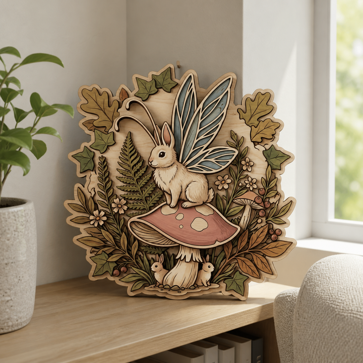 Fairy Bunny Mushroom Wood Sign, Rustic Woodland Rabbit Wall Art, Whimsical Decor