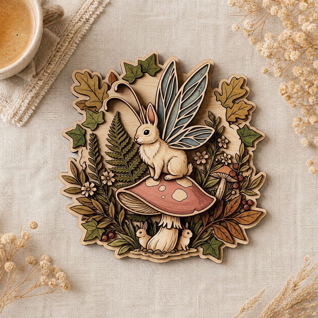 Fairy Bunny Mushroom Wood Sign, Rustic Woodland Rabbit Wall Art, Whimsical Decor