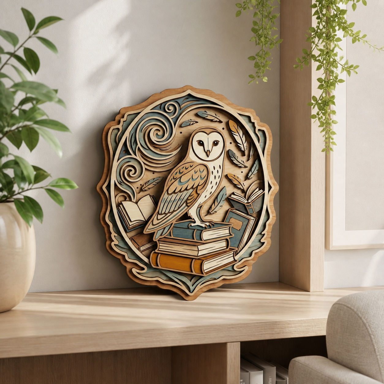 Owl Wall Art Woodland Animal Decor Layered Wooden Sign Book Lover Gift