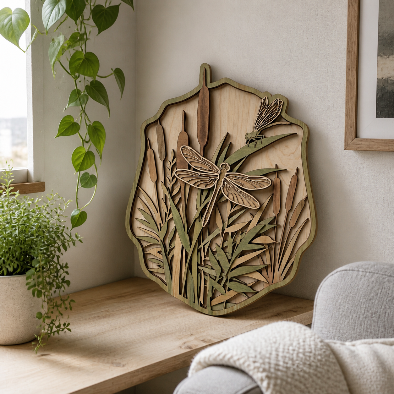 Dragon Fly Horsetail Botanical Art Wooden Sign