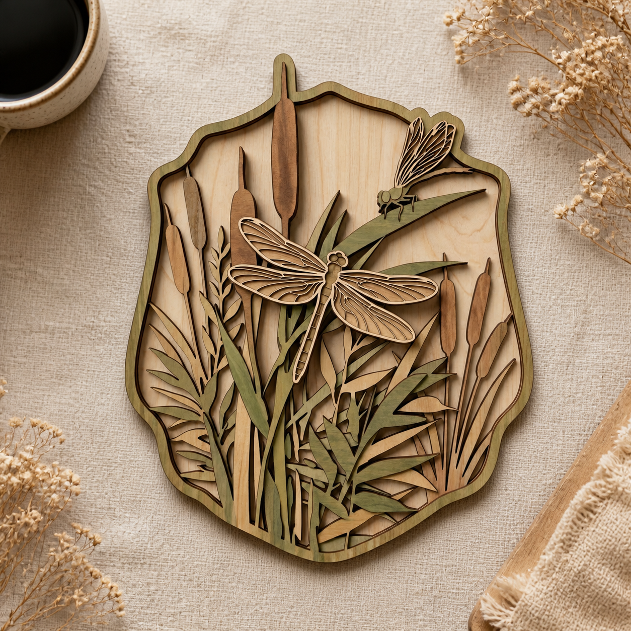 Dragon Fly Horsetail Botanical Art Wooden Sign