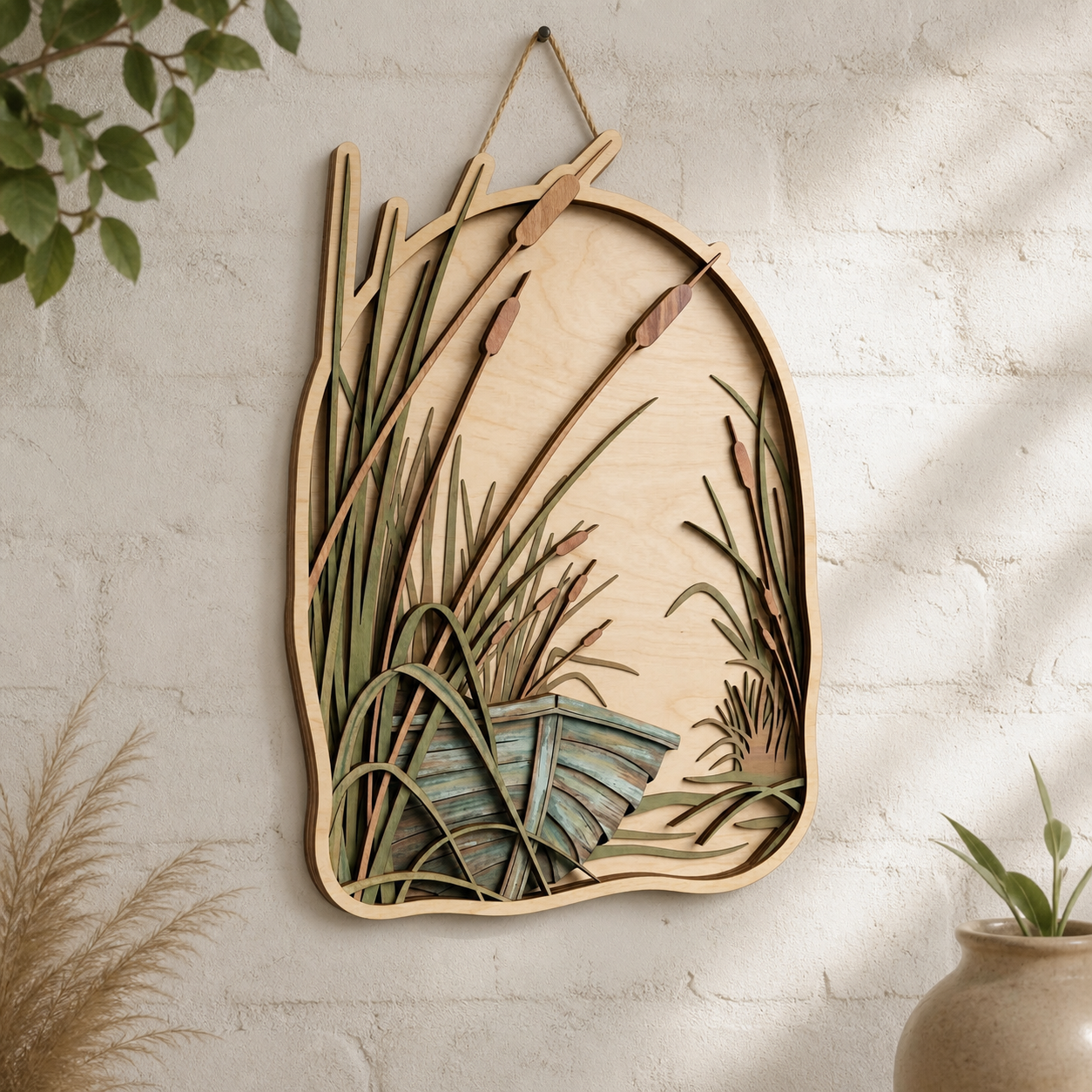Horsetail Botanical Art, Rustic Wooden Sign Marsh Lake Nature