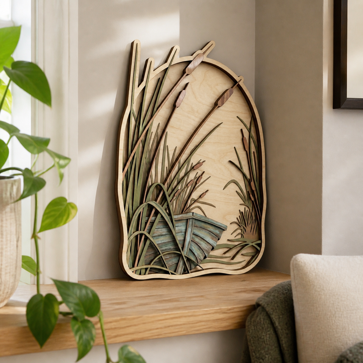 Horsetail Botanical Art, Rustic Wooden Sign Marsh Lake Nature