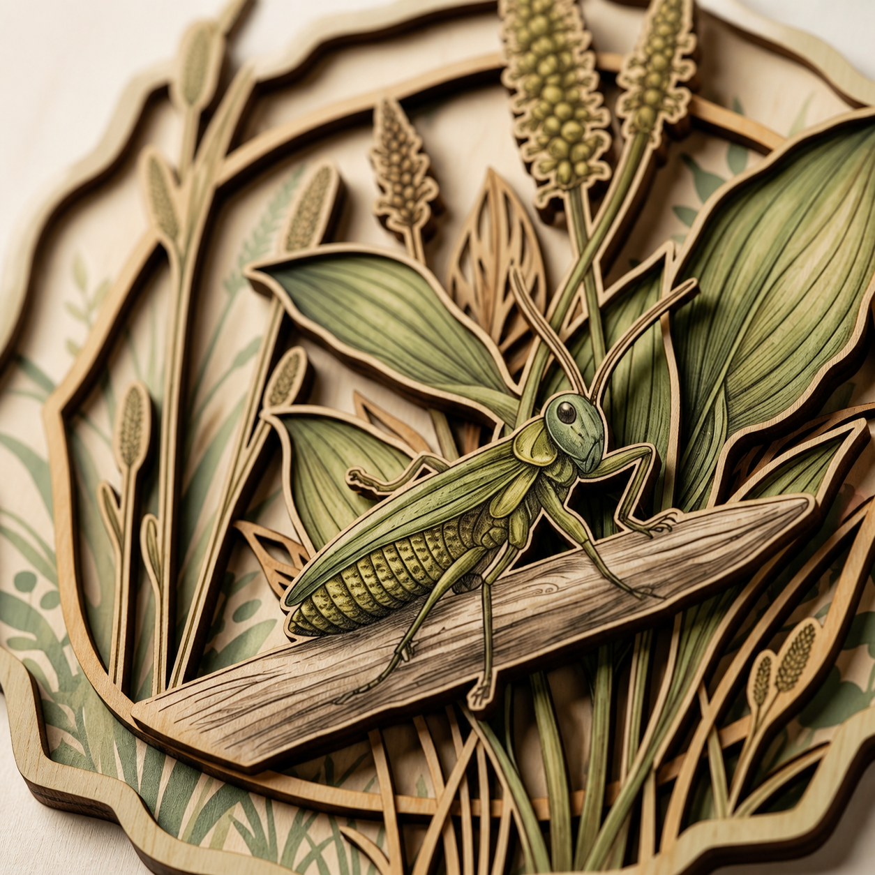 Horsetail Mantis Wooden Sign, Botanical Art Wild Meadow Insect Wall Decor