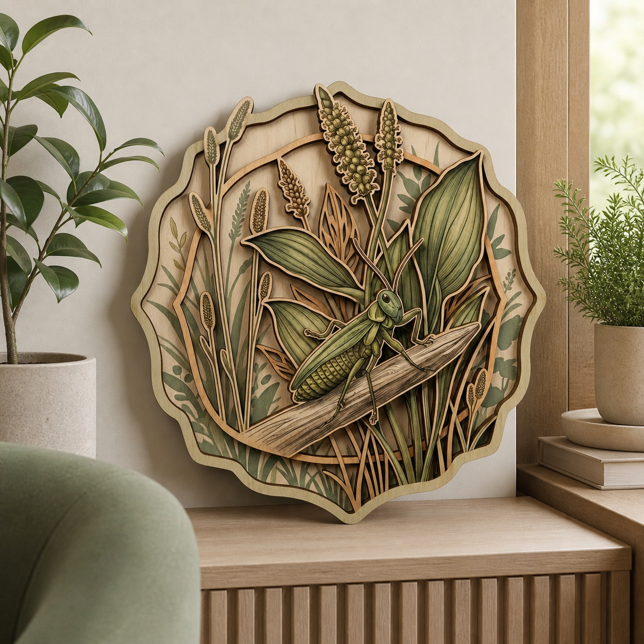Horsetail Mantis Wooden Sign, Botanical Art Wild Meadow Insect Wall Decor