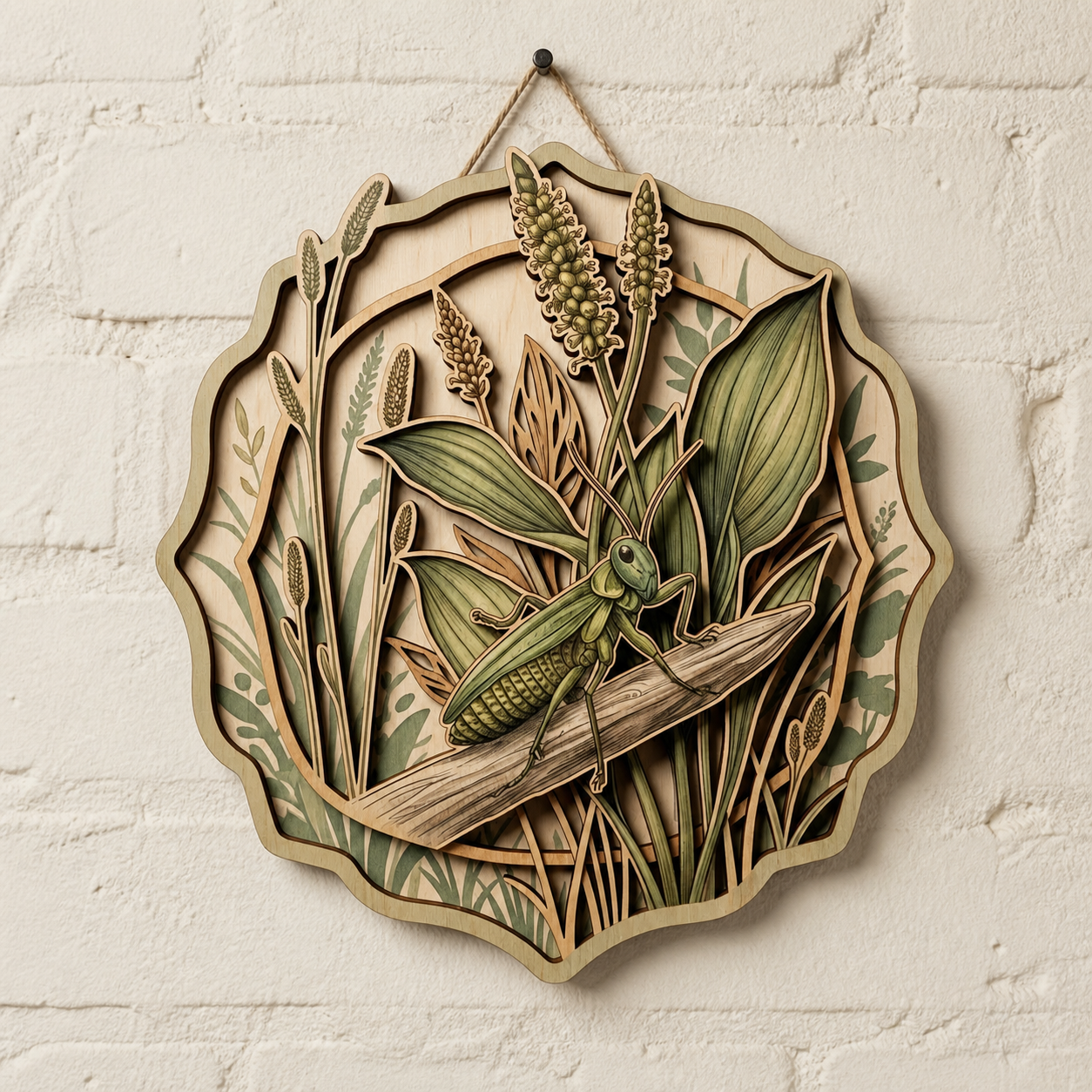 Horsetail Mantis Wooden Sign, Botanical Art Wild Meadow Insect Wall Decor