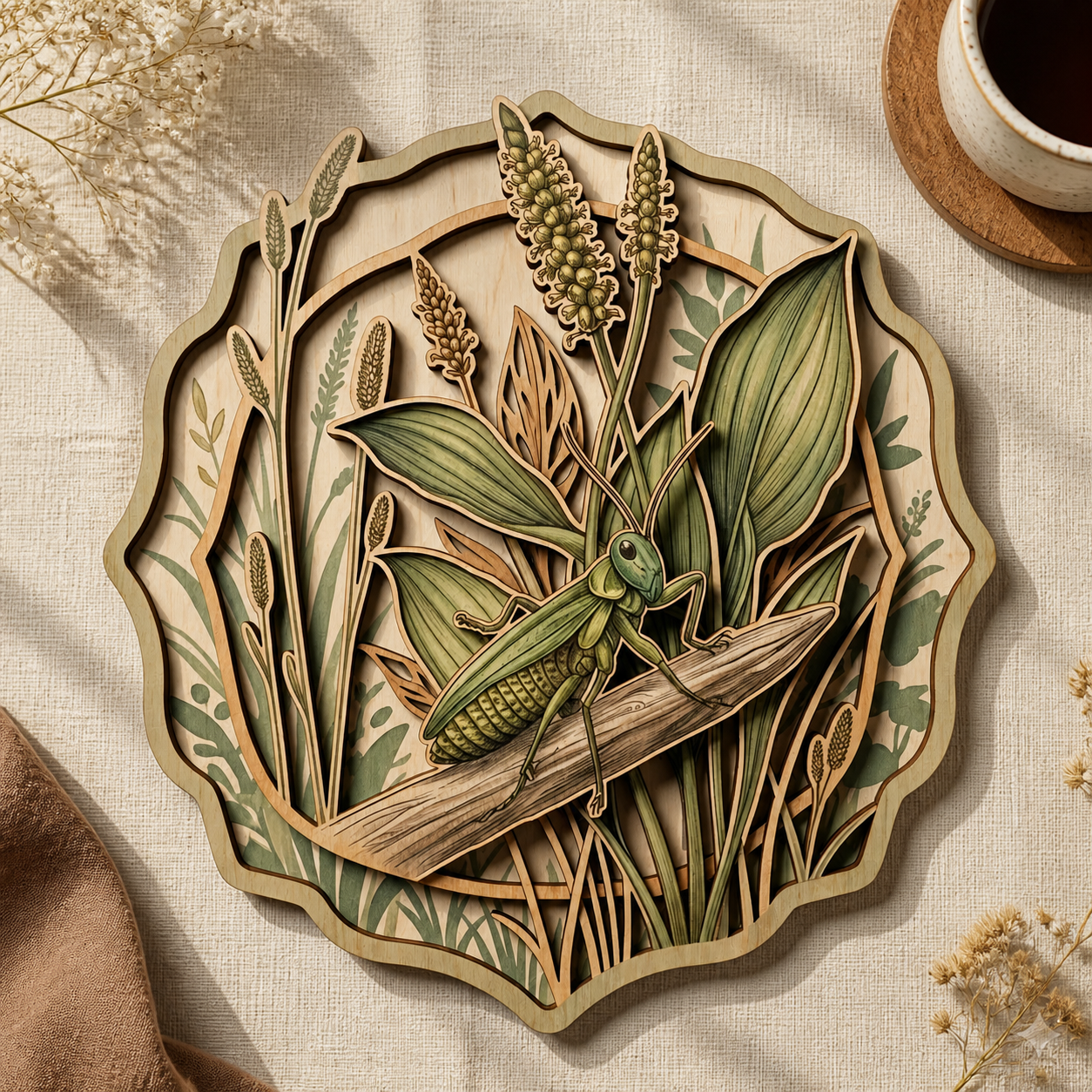 Horsetail Mantis Wooden Sign, Botanical Art Wild Meadow Insect Wall Decor