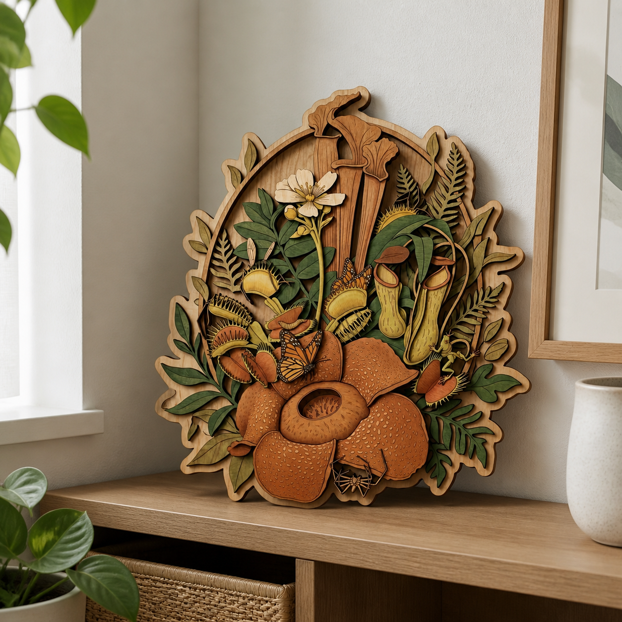 Carnivorous Plant Wooden Sign, Botanical Art Nature Wood Wall Decor