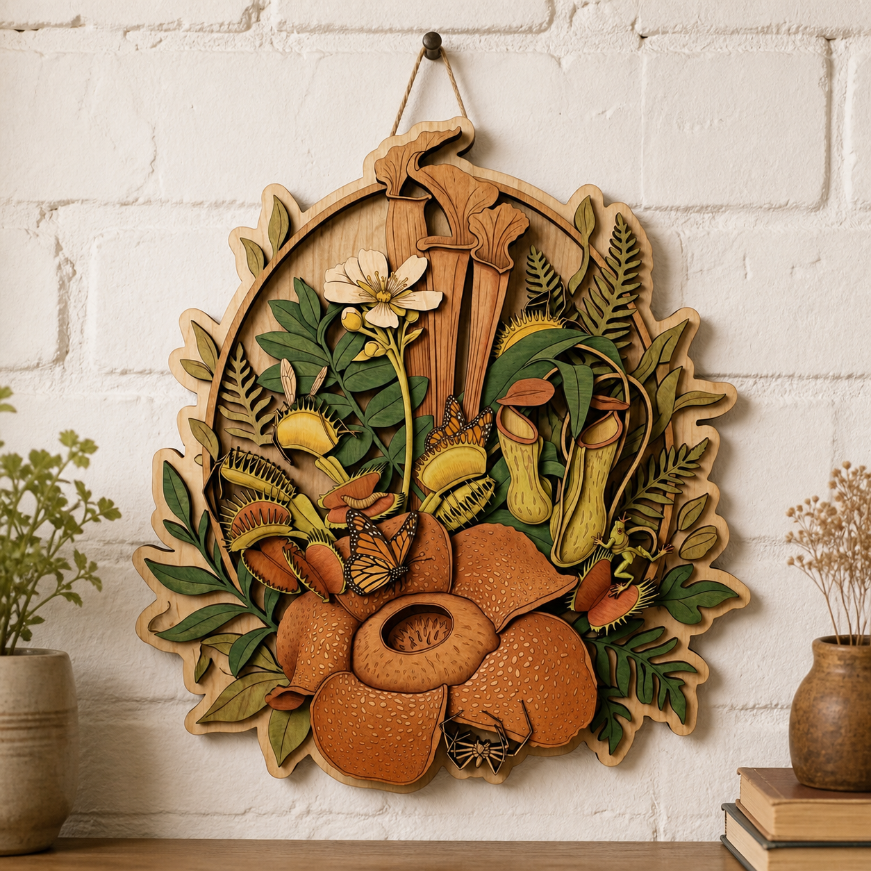Carnivorous Plant Wooden Sign, Botanical Art Nature Wood Wall Decor