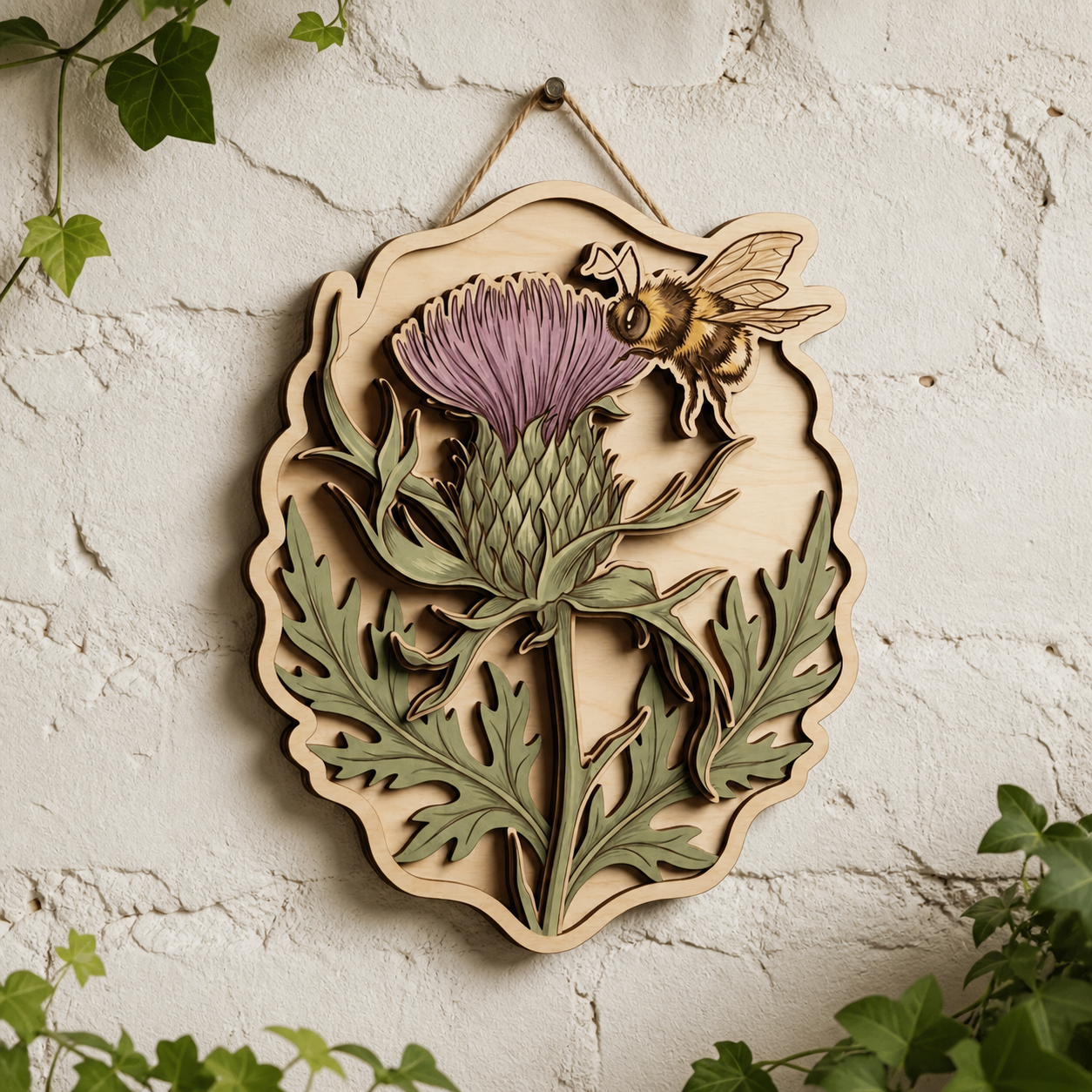 Thistle Wooden Sign, Botanical Art Insect Wildflower Wall Decor, Rustic Art
