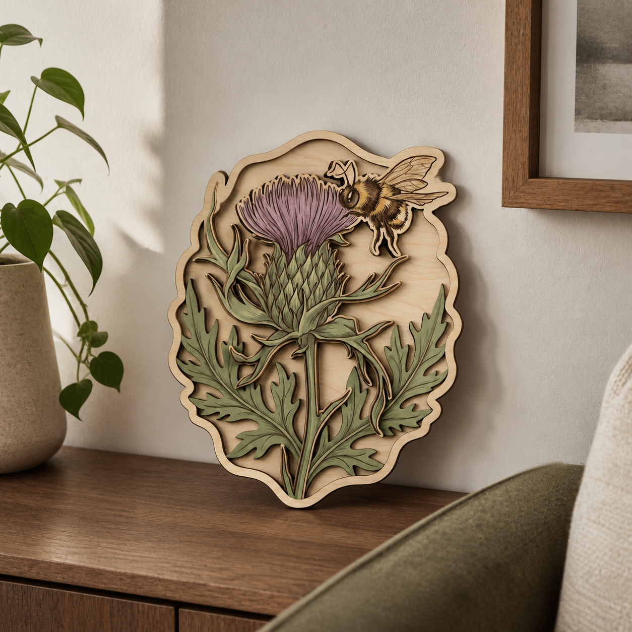 Thistle Wooden Sign, Botanical Art Insect Wildflower Wall Decor, Rustic Art