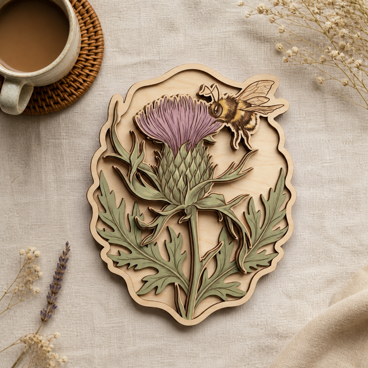 Thistle Wooden Sign, Botanical Art Insect Wildflower Wall Decor, Rustic Art
