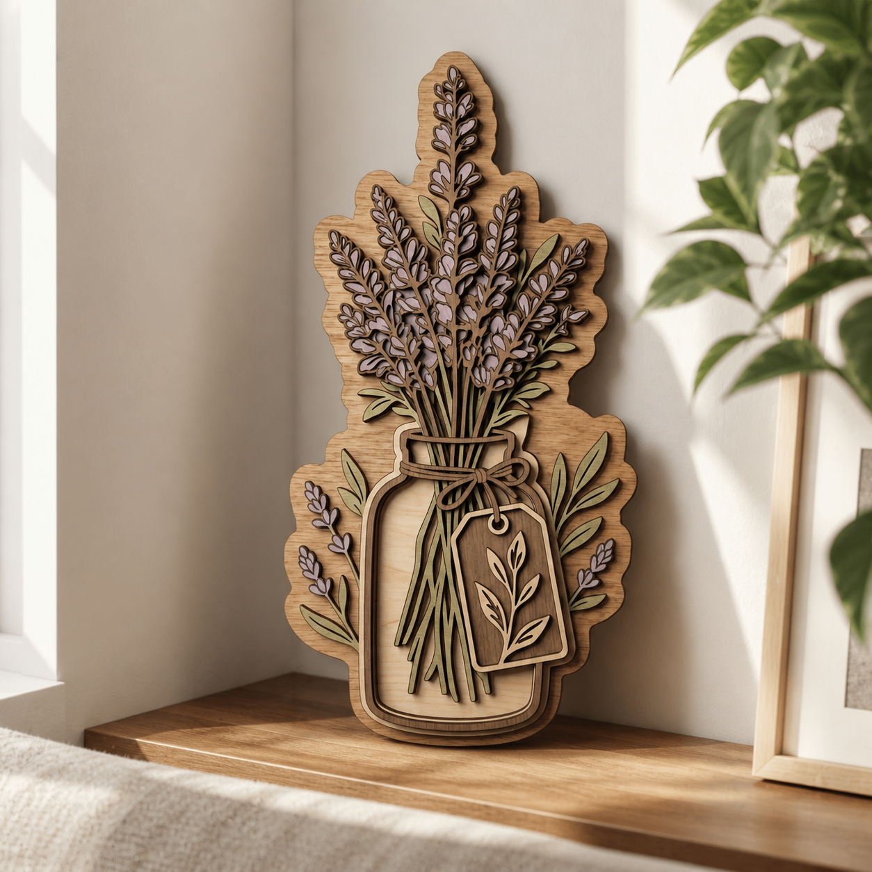 Lavender Botanical Art Rustic Wooden Sign, Flower Glass Jar Wall Decor