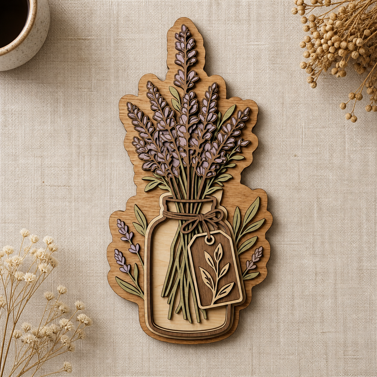 Lavender Botanical Art Rustic Wooden Sign, Flower Glass Jar Wall Decor