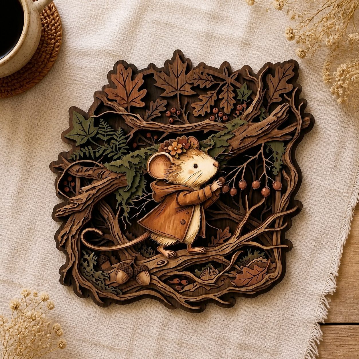 Mouse Wooden Sign Autumn Maple Leaves Acorns Tree Branches Wall Decor
