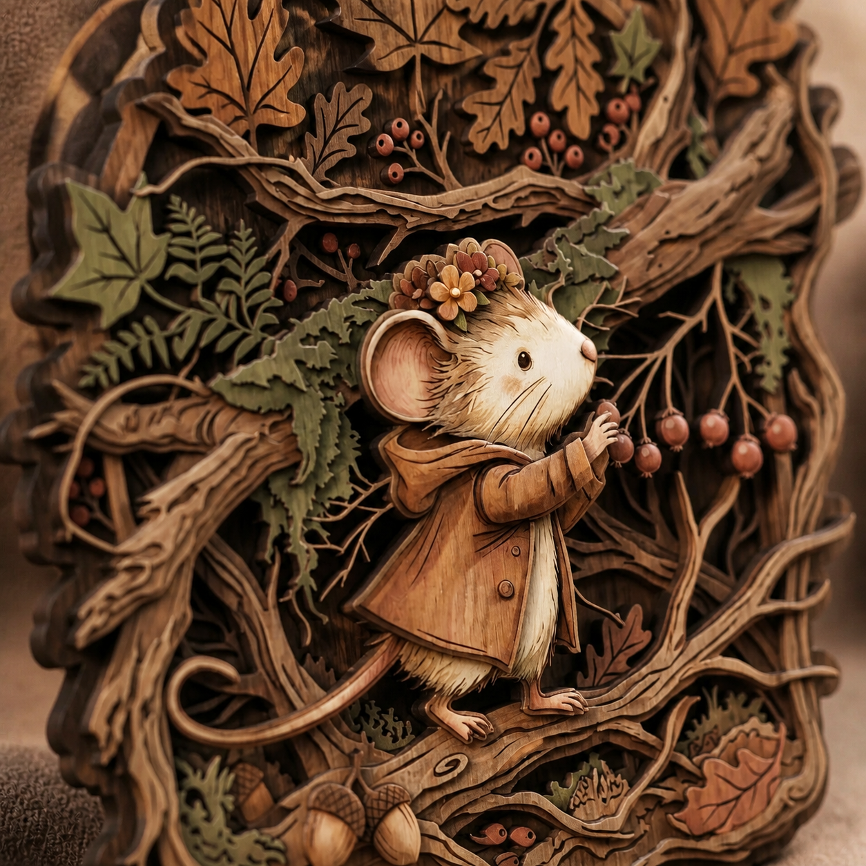 Mouse Wooden Sign Autumn Maple Leaves Acorns Tree Branches Wall Decor