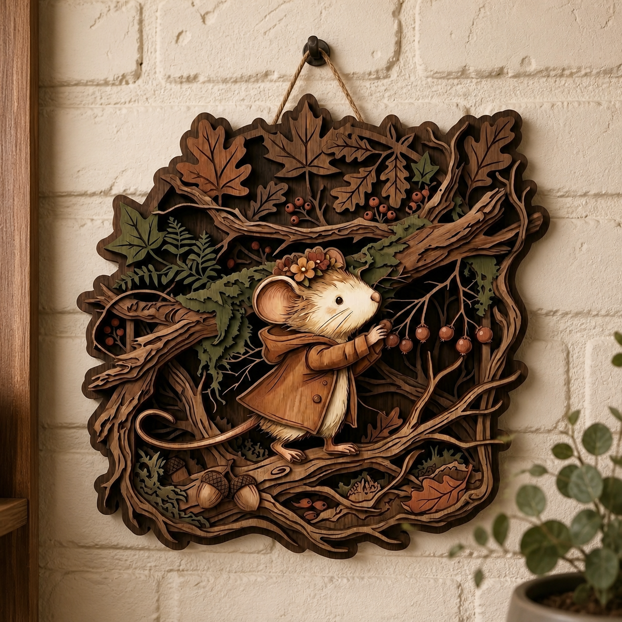 Mouse Wooden Sign Autumn Maple Leaves Acorns Tree Branches Wall Decor