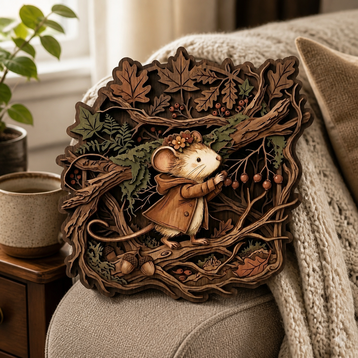 Mouse Wooden Sign Autumn Maple Leaves Acorns Tree Branches Wall Decor