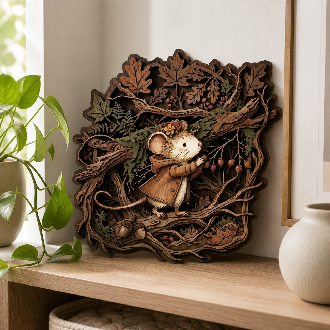 Mouse Wooden Sign Autumn Maple Leaves Acorns Tree Branches Wall Decor