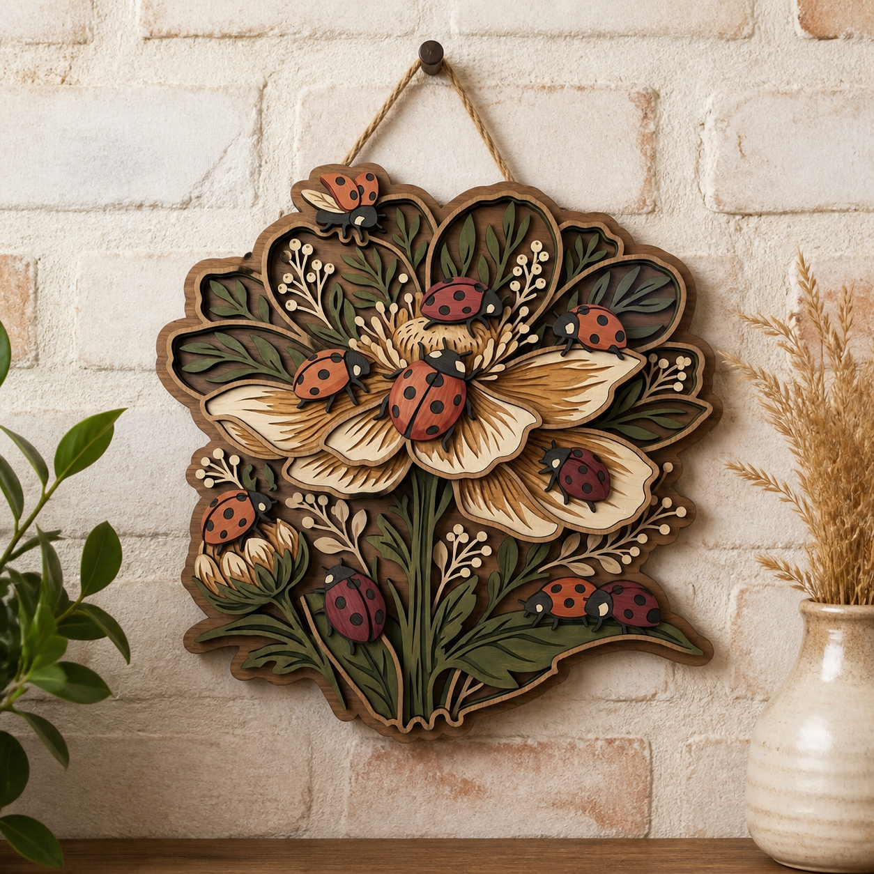 Lady Bug Floral Leaves Wooden Sign For Home Decor