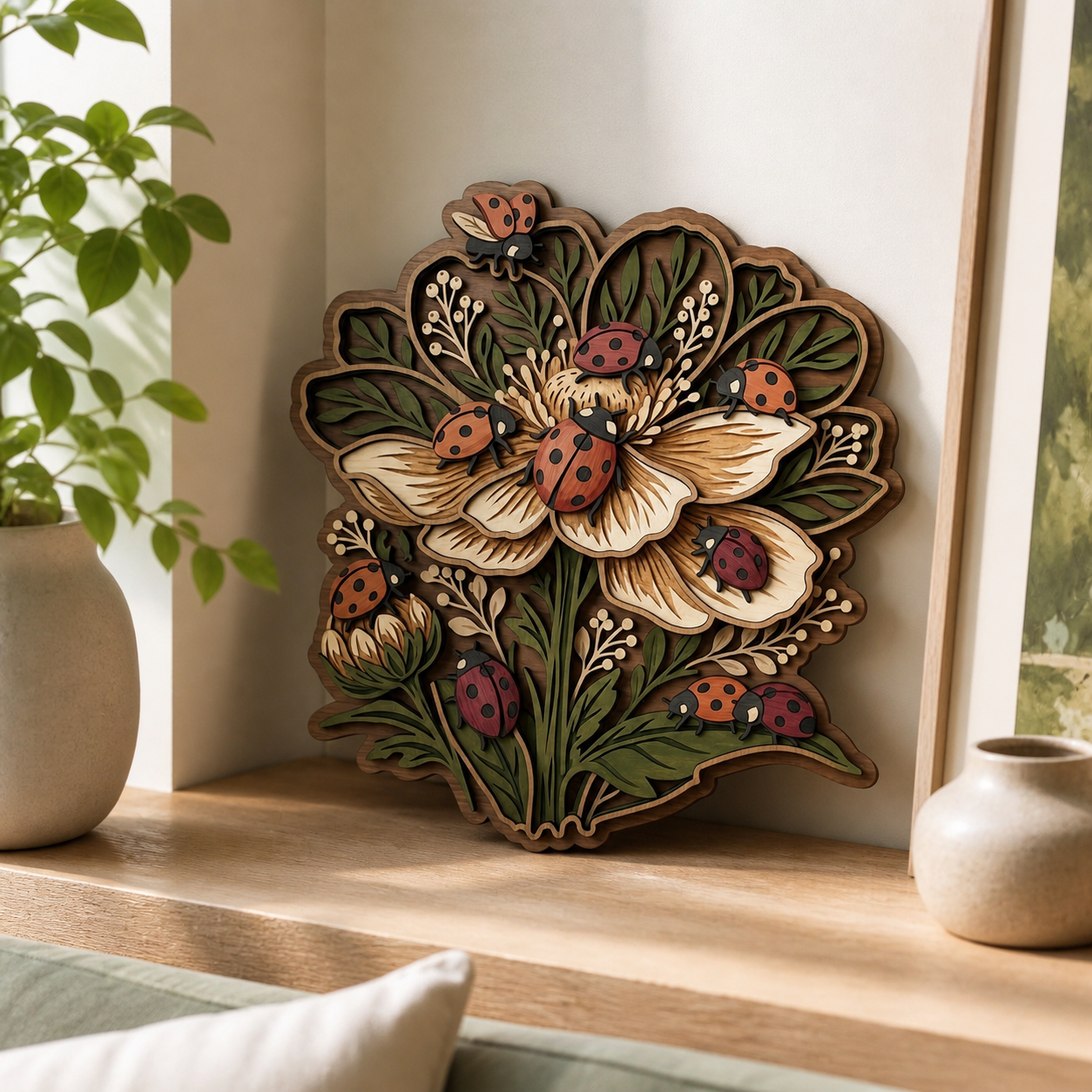 Lady Bug Floral Leaves Wooden Sign For Home Decor
