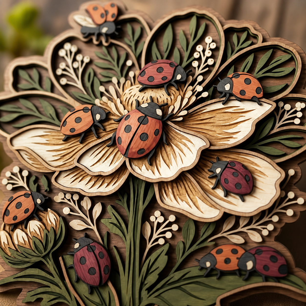 Lady Bug Floral Leaves Wooden Sign For Home Decor