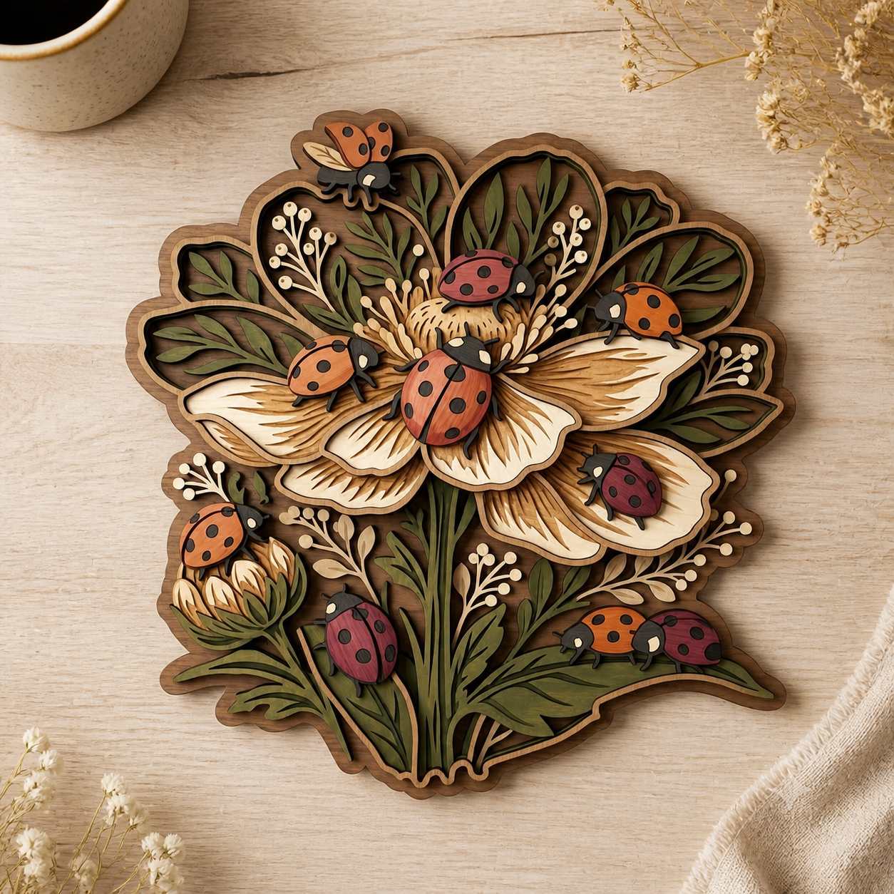 Lady Bug Floral Leaves Wooden Sign For Home Decor