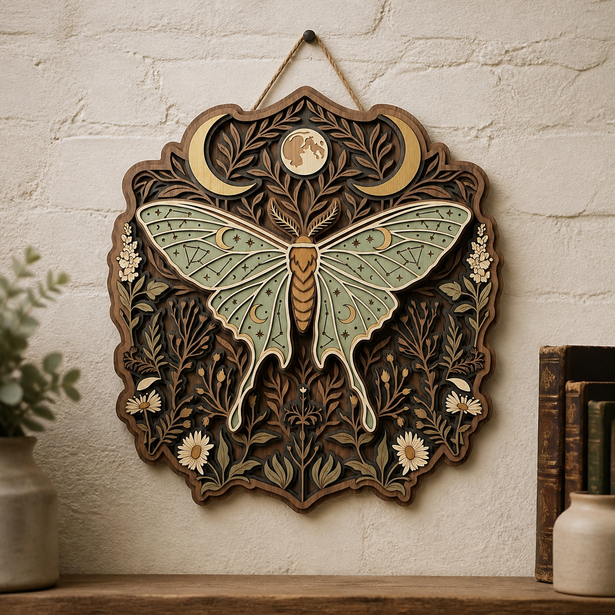 Luna Moth Wooden Sign, Crescent Moon Floral Wall Decor
