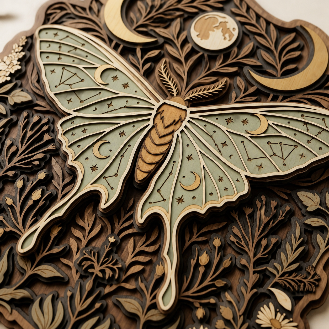 Luna Moth Wooden Sign, Crescent Moon Floral Wall Decor