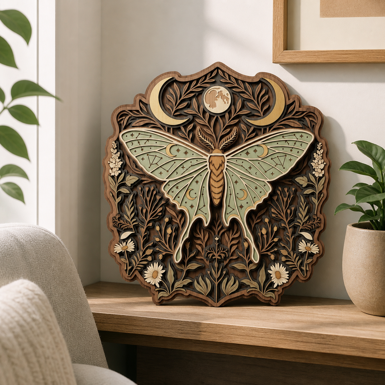 Luna Moth Wooden Sign, Crescent Moon Floral Wall Decor
